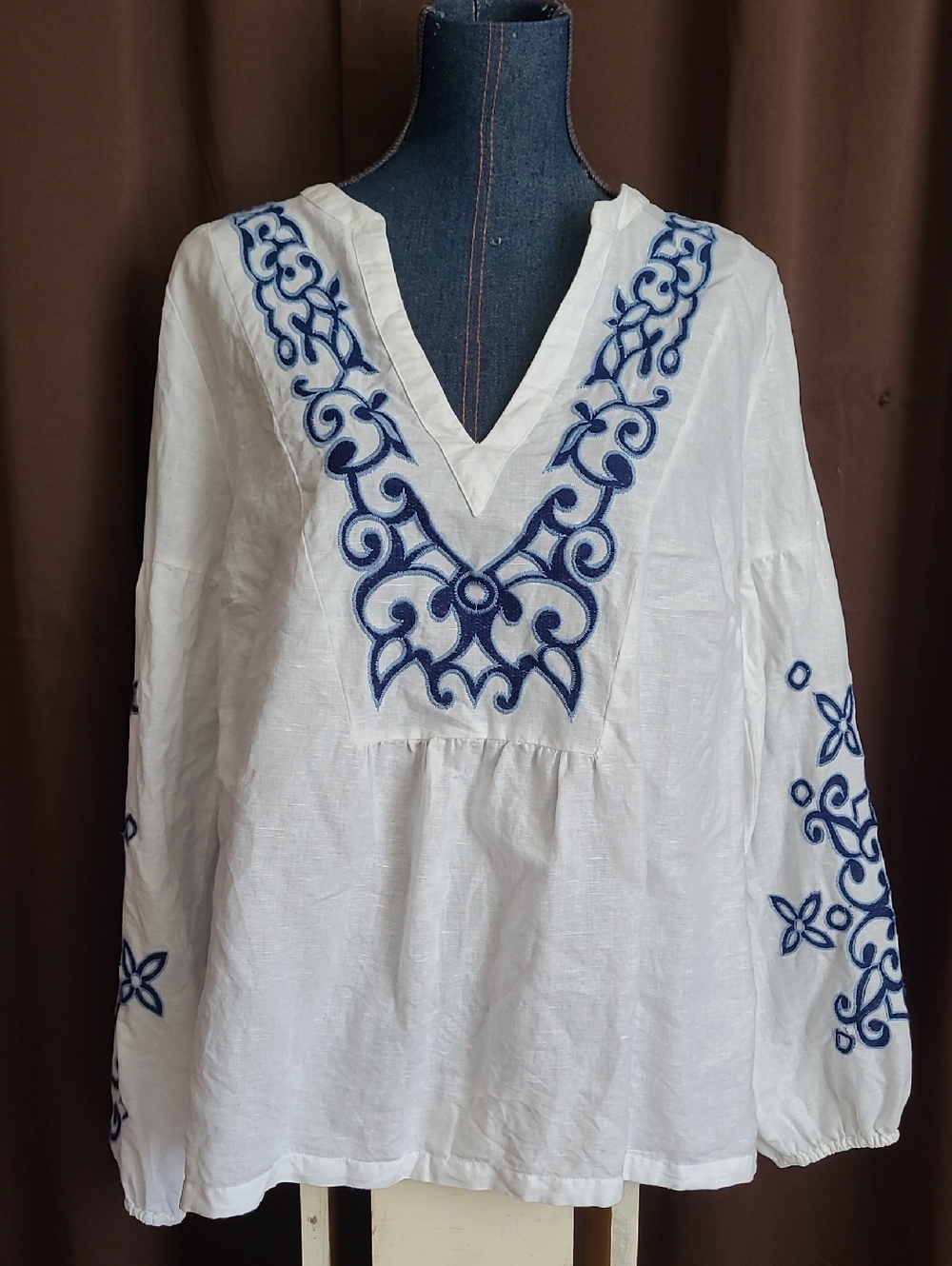 White Top with Navy Blue Embroidered V-Neck Lacsana Linen/Cotton Blend